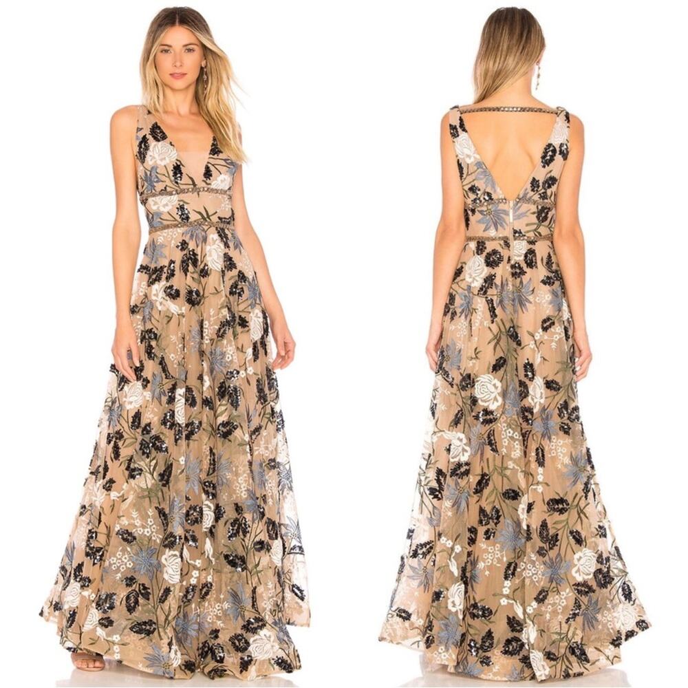 Bronx and Banco Tan Floral Maxi Dress with Black & White Embroidery - Picture 1 of 11